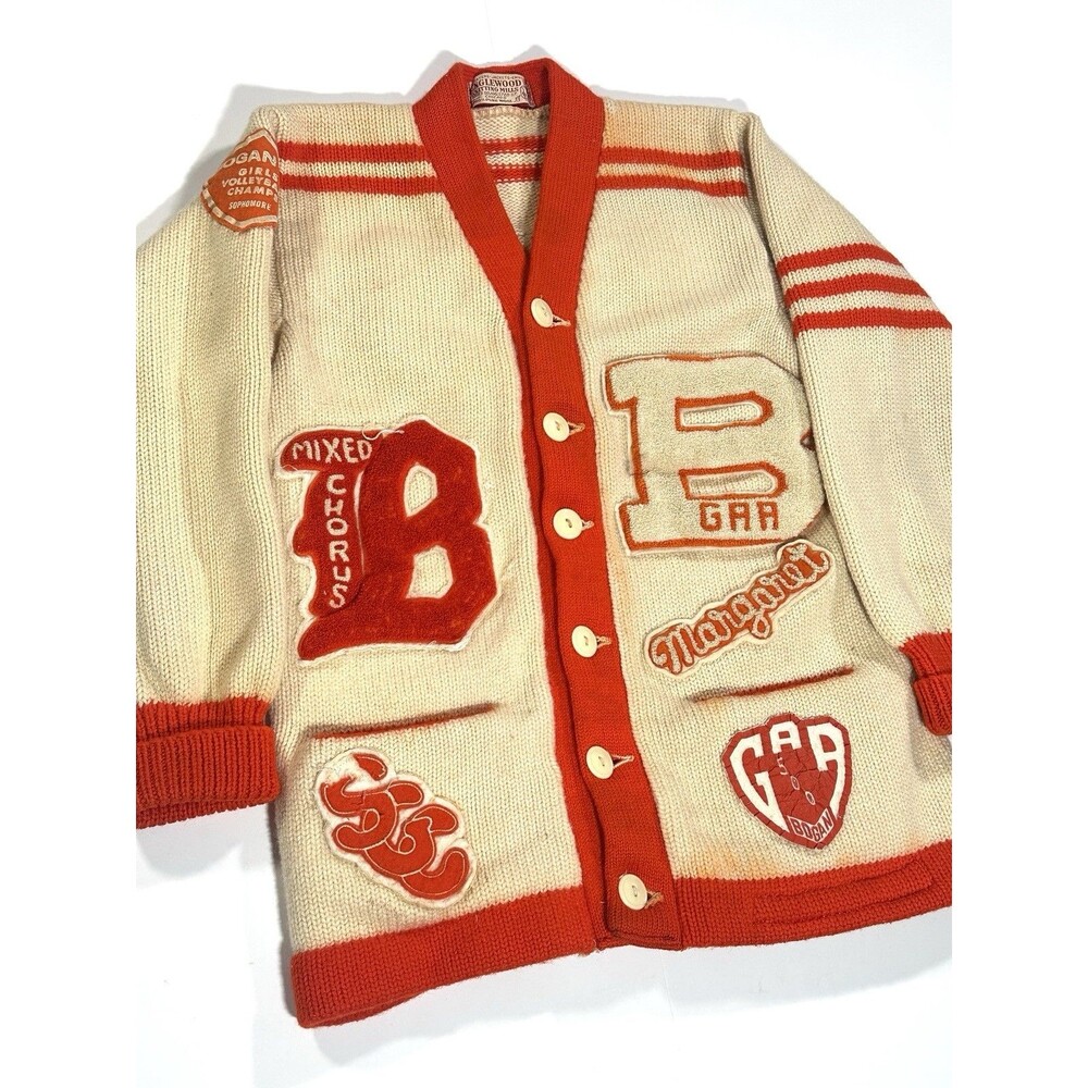 Vintage 1950s Chicago Letterman Cardigan Sweater Women Cream Orange Wool Patches - Picture 3 of 14